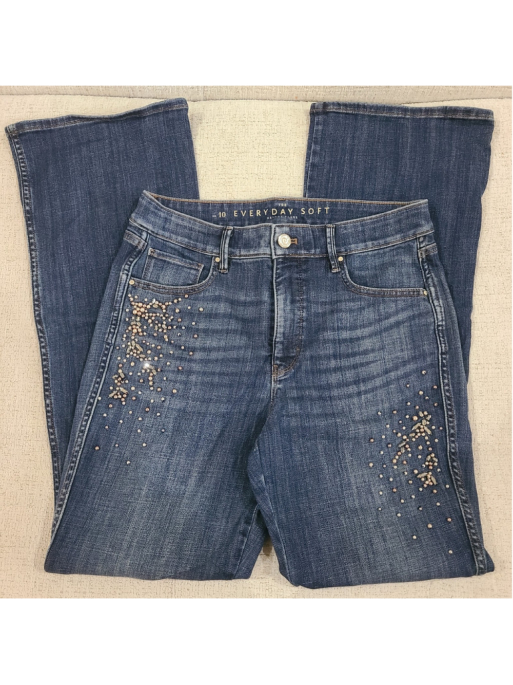 WHBM Jeans Womens Sz 10 Blue The Everyday Soft Skinny Flare High Rise Rhinestone - Picture 10 of 10